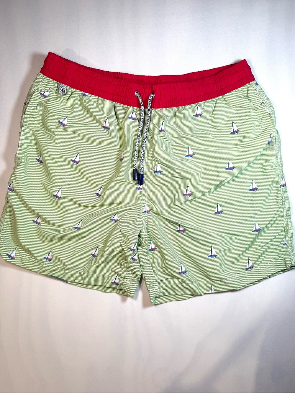 McAlson Sailboat Swim Trunks Green Striped 5" Inseam Lined Shorts Men's M